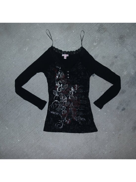 Lena Tops - Lena Lace Trim Graphic Henley Long Sleeve T-Shirt Black Small
